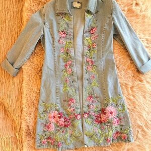 Vintage Embroidered Denim Coat with Floral Design